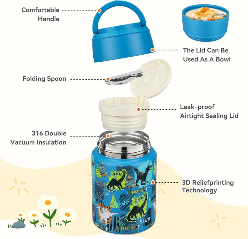Aimsnk 17oz Soup Thermo for Hot Food Kids Insulated Food Jar,Thermo Hot Food Lunch Container, Width Mouth Stainless Steel Lunch Box for Kids with Handle Folding Spoon(Blue - Dinosaur) - Image 3